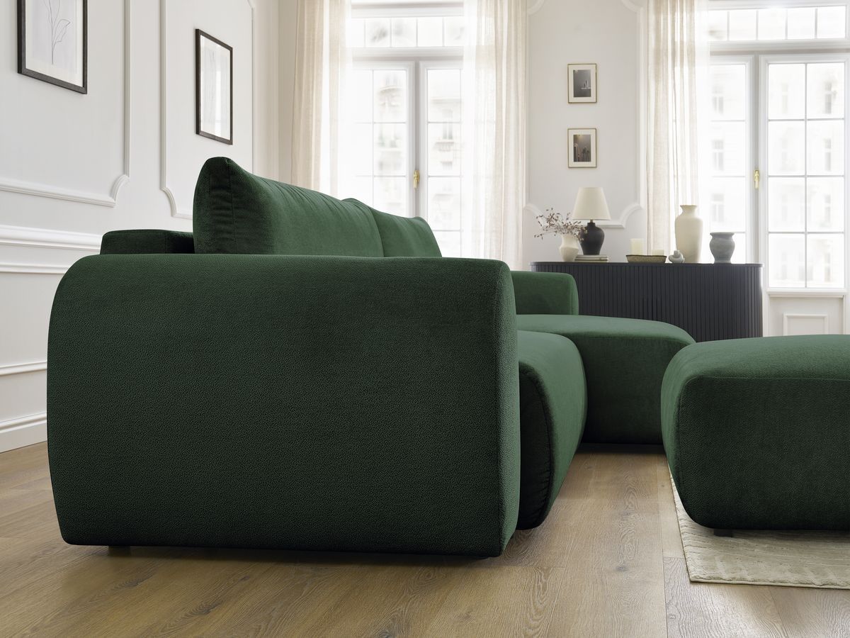 Bobochic Lucien Ecksofa mit Schlaffunktion und Bettkasten und Pouf 314 × 167 cm Stoff Grün Ecke rechts