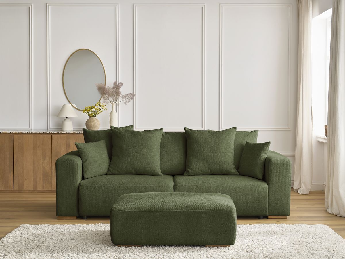 Bobochic Sidonie Schlafsofa 4-Sitzer mit Bettkasten und Pouf Melange-Stoff Grün