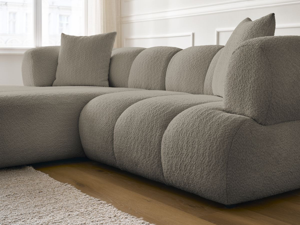 Bobochic Pamira Ecksofa mit Pouf Bouclé-Stoff Taupe Ecke links