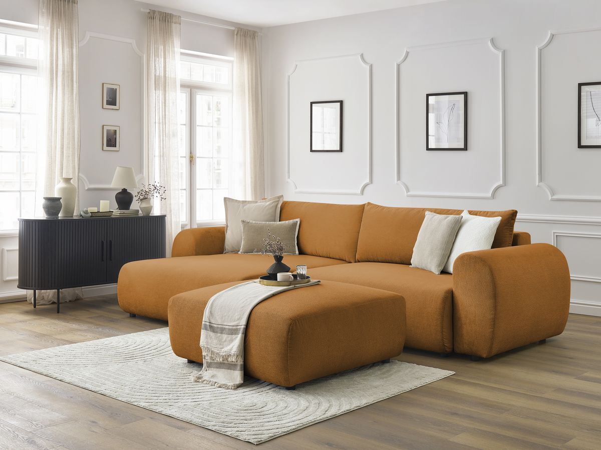 Bobochic Lucien Ecksofa mit Schlaffunktion und Bettkasten und Pouf 314 × 167 cm Stoff Gelb Ecke links