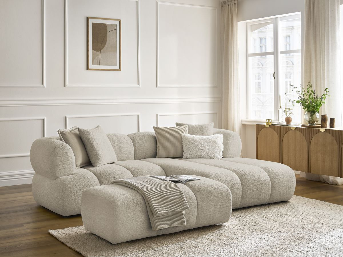 Bobochic Pamira Ecksofa mit Pouf Bouclé-Stoff Beige Ecke rechts