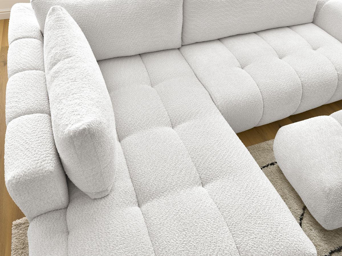Bobochic Fuji Ecksofa mit Schlaffunktion und Bettkasten und Pouf 282 × 204 cm Bouclé-Stoff Weiß Ecke links