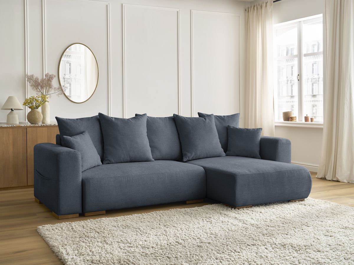 Bobochic Sidonie Ecksofa mit Schlaffunktion und Bettkasten Melange-Stoff Dunkelblau
