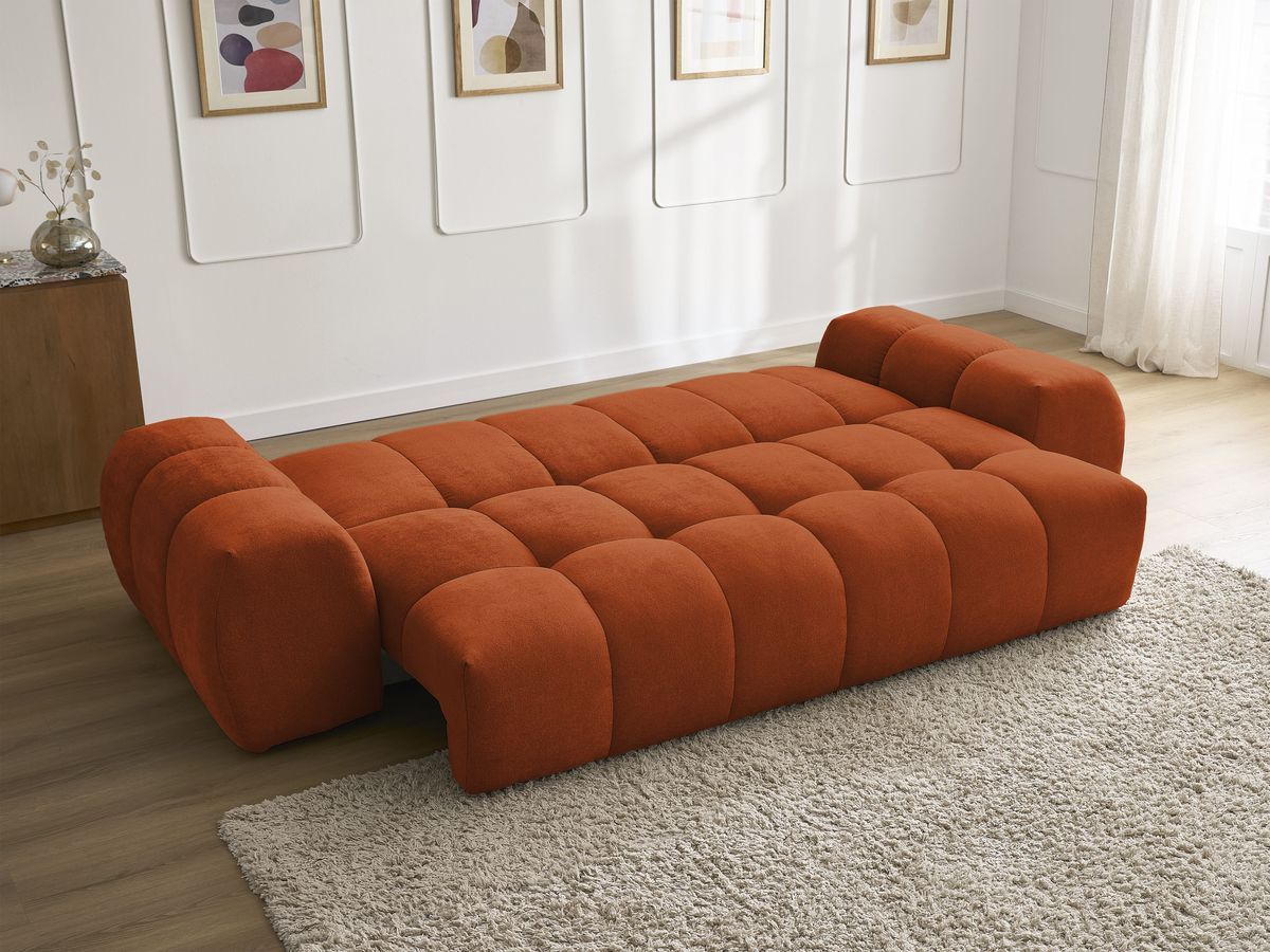 Bobochic Everest Schlafsofa 3-Sitzer mit Bettkasten, 5 Kissen Strukturstoff Orange