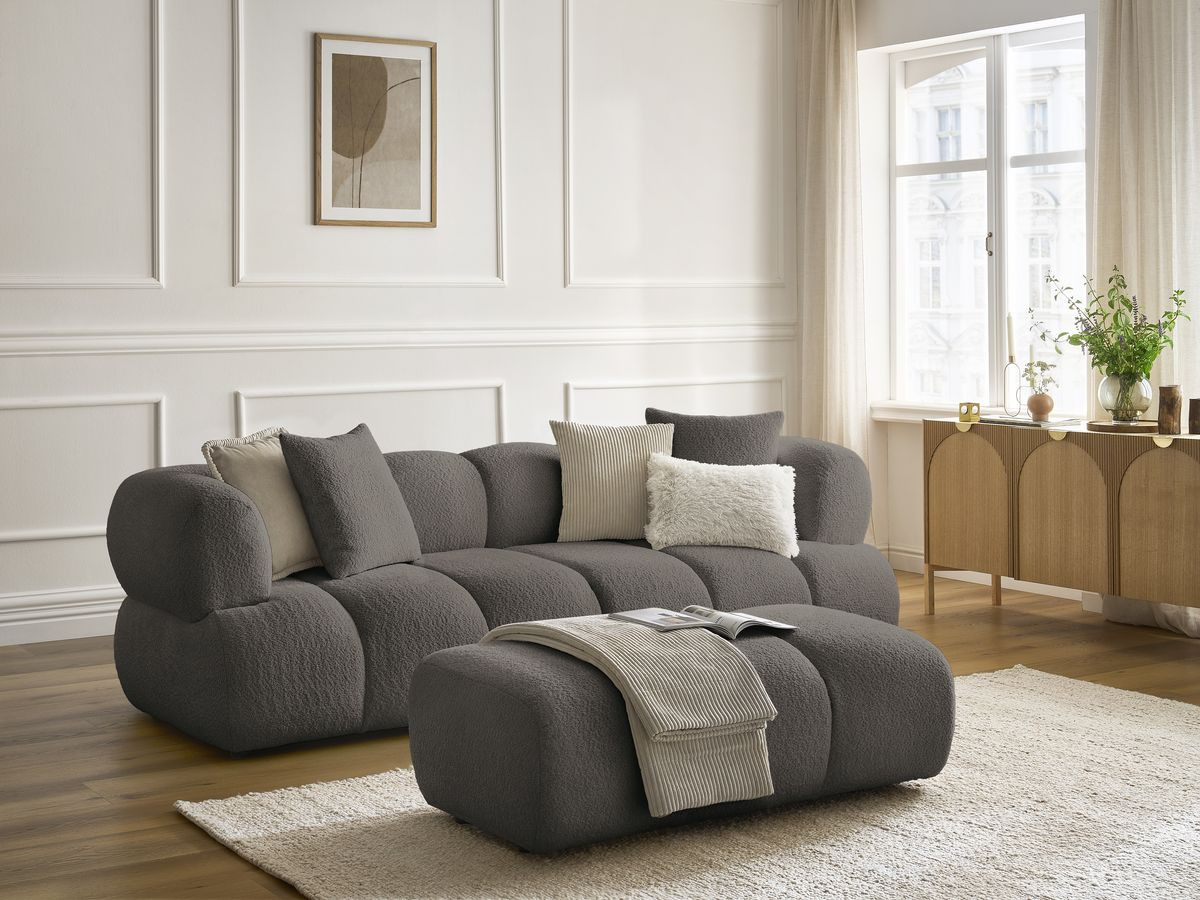 Bobochic Pamira Sofa 3-Sitzer mit Pouf Bouclé-Stoff Braun