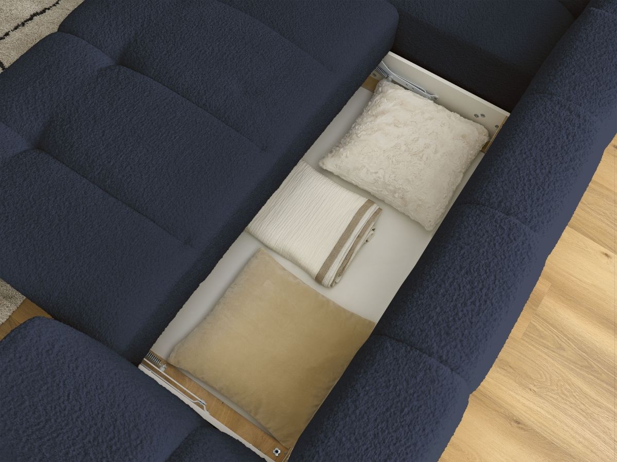 Bobochic Fuji Ecksofa mit Schlaffunktion und Bettkasten und Pouf 282 × 204 cm Bouclé-Stoff Dunkelblau Ecke links