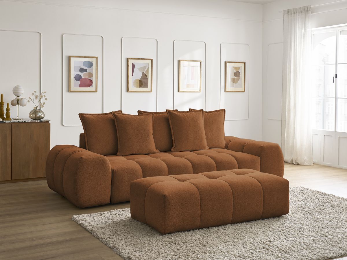 Bobochic Everest Schlafsofa 3-Sitzer mit Bettkasten und Pouf, 5 Kissen Melange-Stoff Orange
