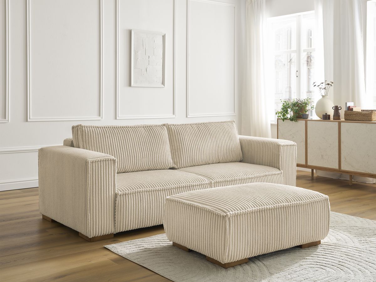 Bobochic Chelsea Sofa 4-Sitzer mit Pouf Breitcord weich Taupe