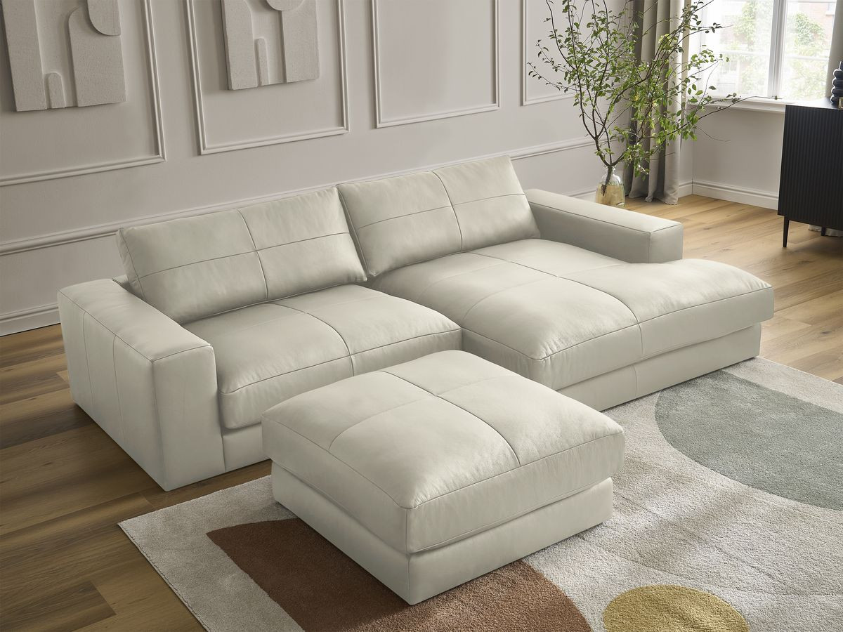 Bobochic Leonard Ecksofa mit Pouf 274 × 159 cm Leder Beige Ecke rechts
