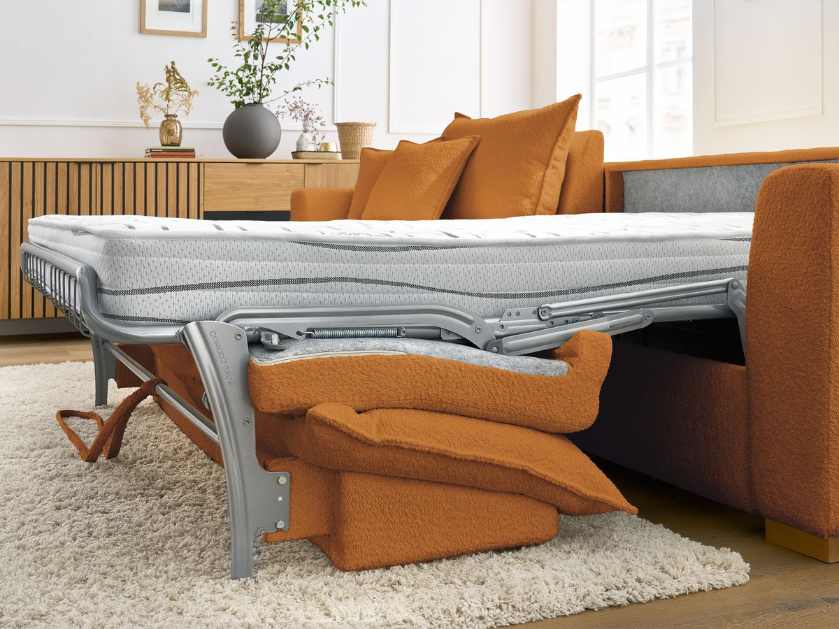 Bobochic Augustin Ecksofa mit Schlaffunktion und Bettkasten Bouclé-Stoff Gelb, Liegefläche 140 × 200 cm