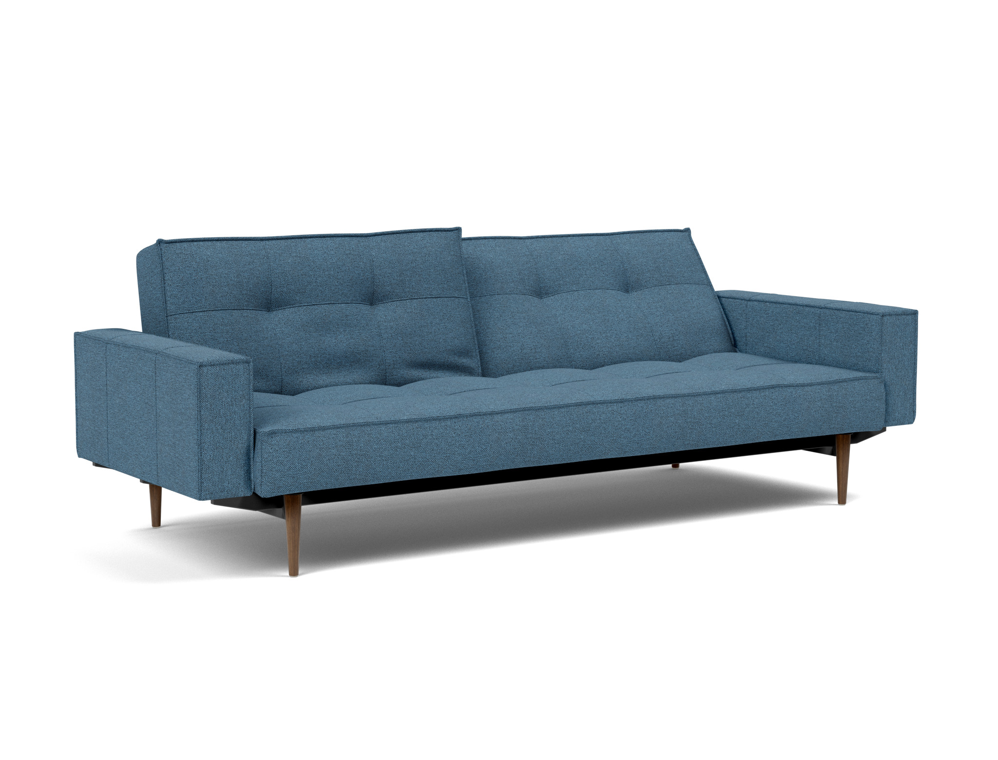Schlafsofa Splitback mit Armlehnen Strukturierter Stoff Weda 302-Weda-Blue Beine Styletto Eiche dunkel