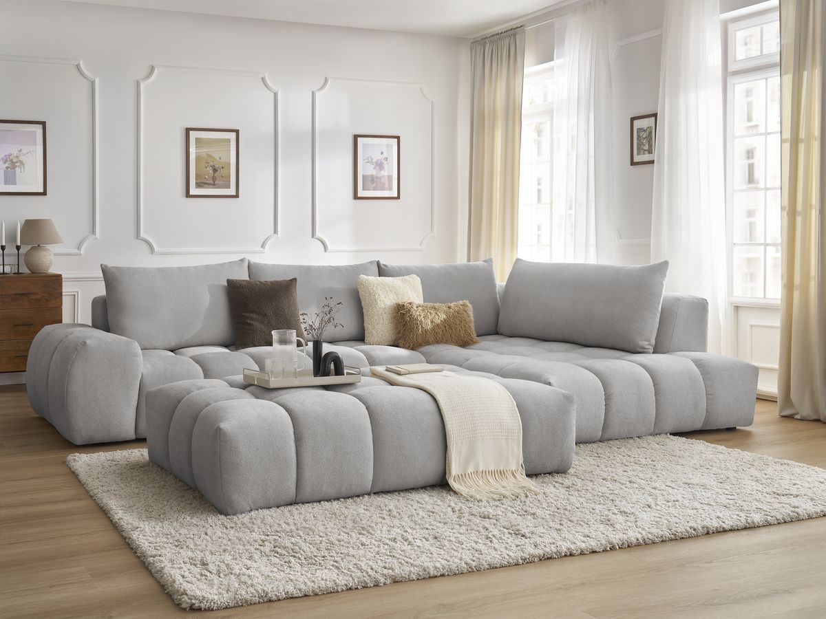 Bobochic Everest Ecksofa mit Schlaffunktion und Pouf, 4 Kissen Strukturstoff Hellgrau Ecke rechts