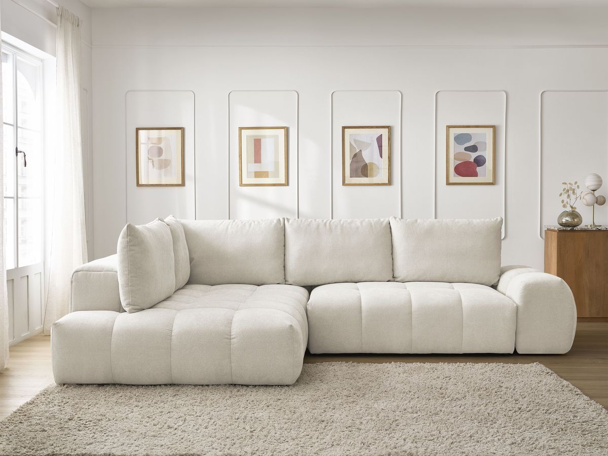 Bobochic Everest Ecksofa mit Schlaffunktion und Bettkasten 320 × 212 cm, 5 Kissen Strukturstoff Beige Ecke links