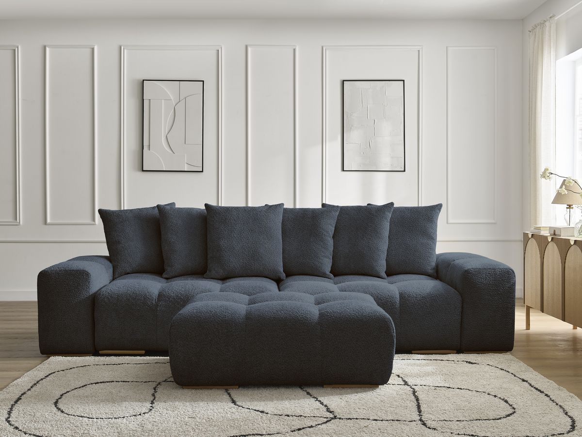 Bobochic Anakin Sofa 3-Sitzer mit Pouf, 6 Kissen Bouclé-Stoff Dunkelblau