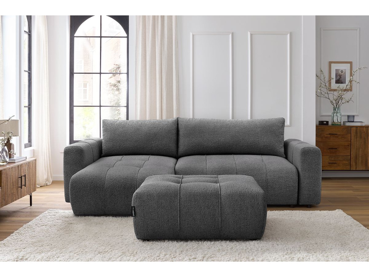 Bobochic Arsene Ecksofa mit Schlaffunktion und Bettkasten und Pouf 288 × 148 cm Melange-Stoff Dunkelgrau