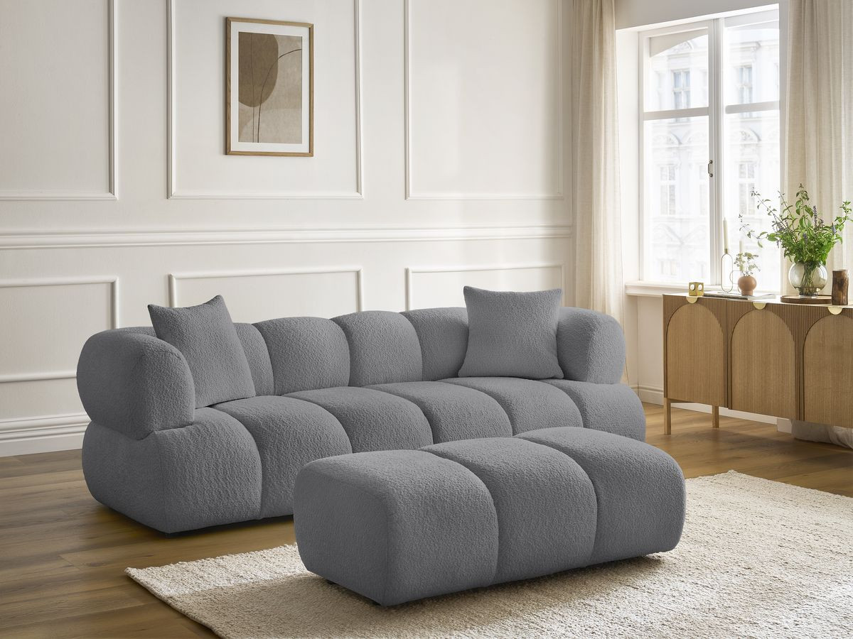 Bobochic Pamira Sofa 3-Sitzer mit Pouf Bouclé-Stoff Dunkelgrau