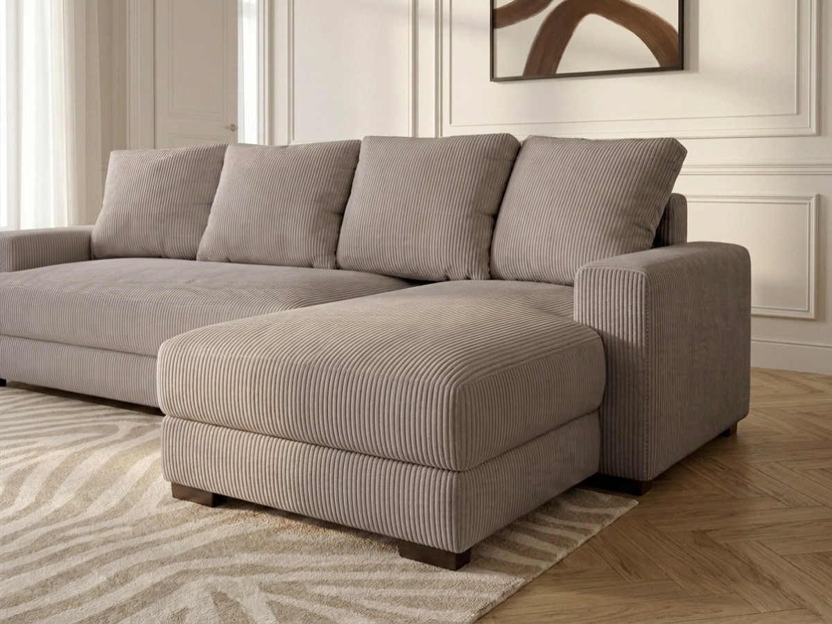 Bobochic Campi Ecksofa mit Schlaffunktion und Bettkasten Cordsamt Taupe Ecke rechts