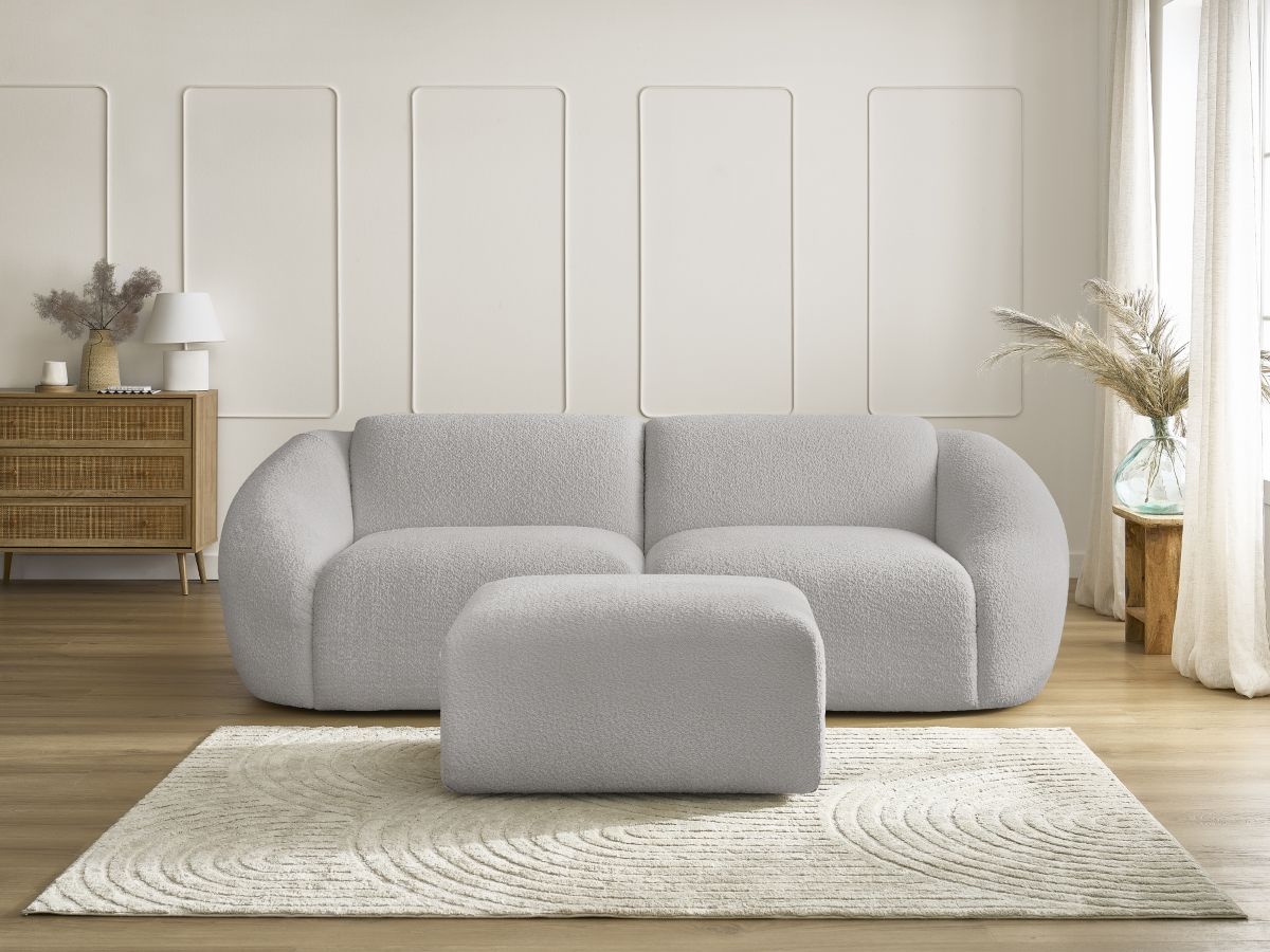Bobochic Tina Sofa 4-Sitzer mit Pouf Bouclé-Stoff Hellgrau