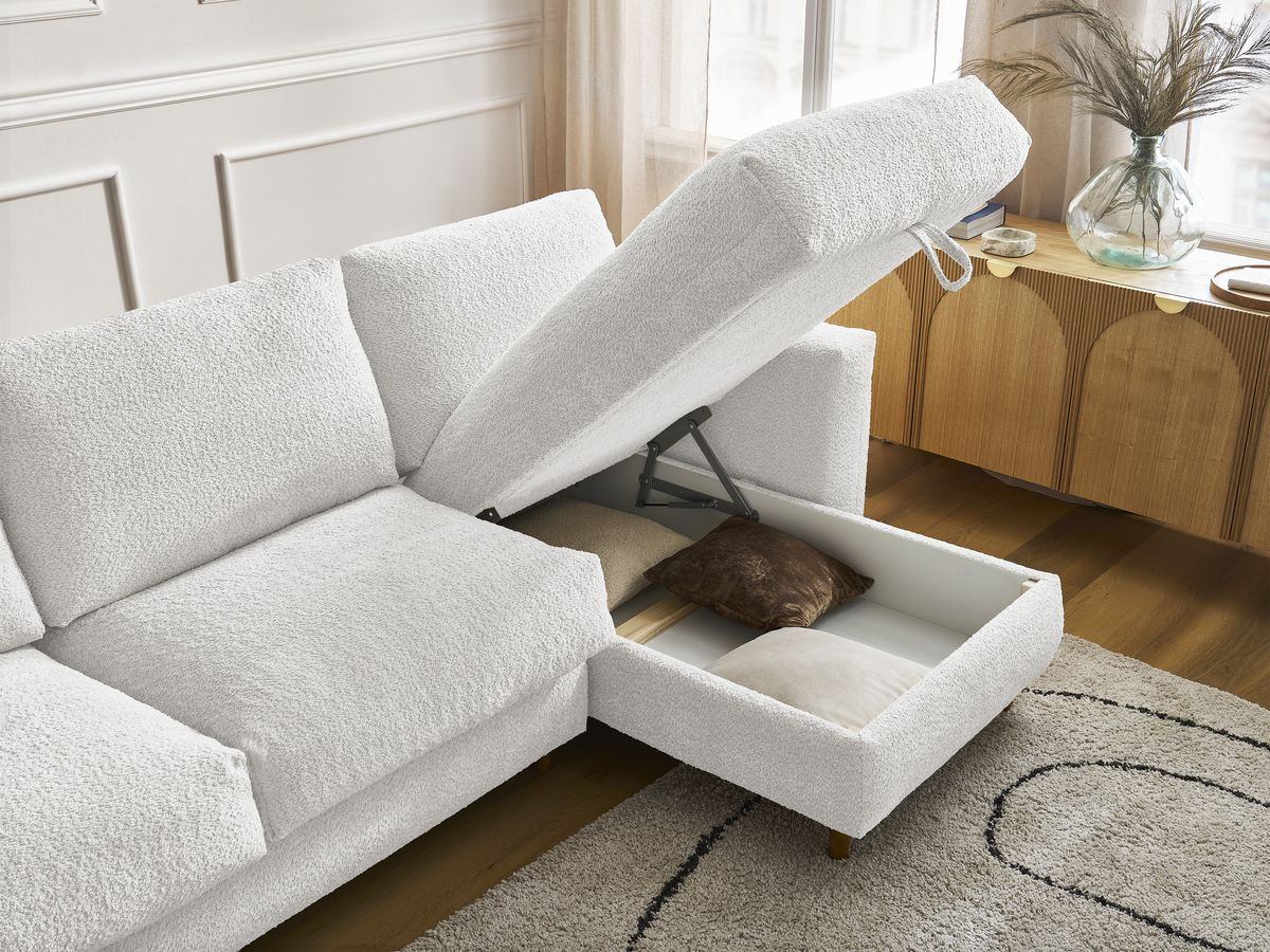 Bobochic Cocoone Ecksofa mit Schlaffunktion und Bettkasten Bouclé-Stoff Weiß, Liegefläche 160 × 200 cm