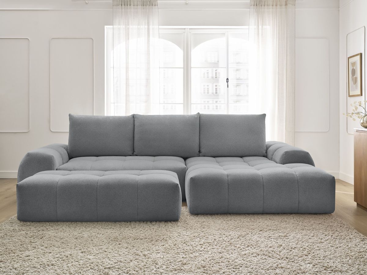 Bobochic Everest Ecksofa mit Schlaffunktion und Bettkasten und Pouf 318 × 180 cm, 3 Kissen Melange-Stoff Dunkelgrau Ecke rechts