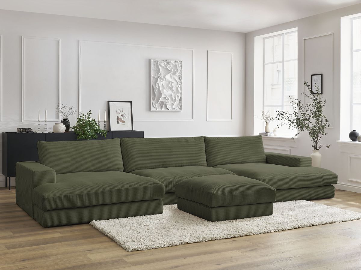Bobochic Leonard Wohnlandschaft mit Pouf 349 × 159 cm Cordsamt Hellgrün