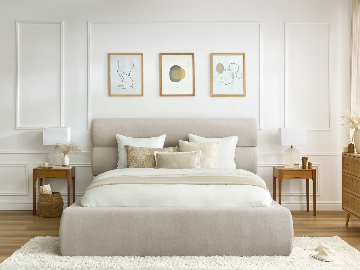 Bobochic Jagna Polsterbett mit Bettkasten Stoff Beige, Liegefläche 140 × 190 cm