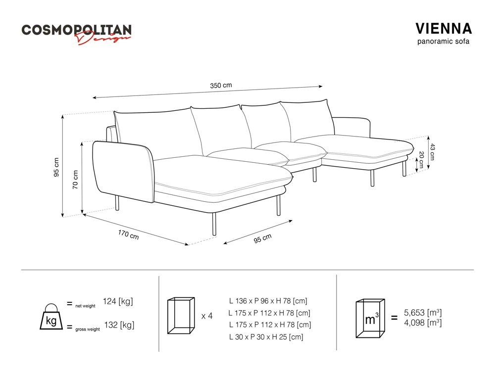 Cosmopolitan Design Panoramasofa Vienna 6-Sitzer Samt Bluvel Dunkelgrau Melange Beine Schwarzes Metall