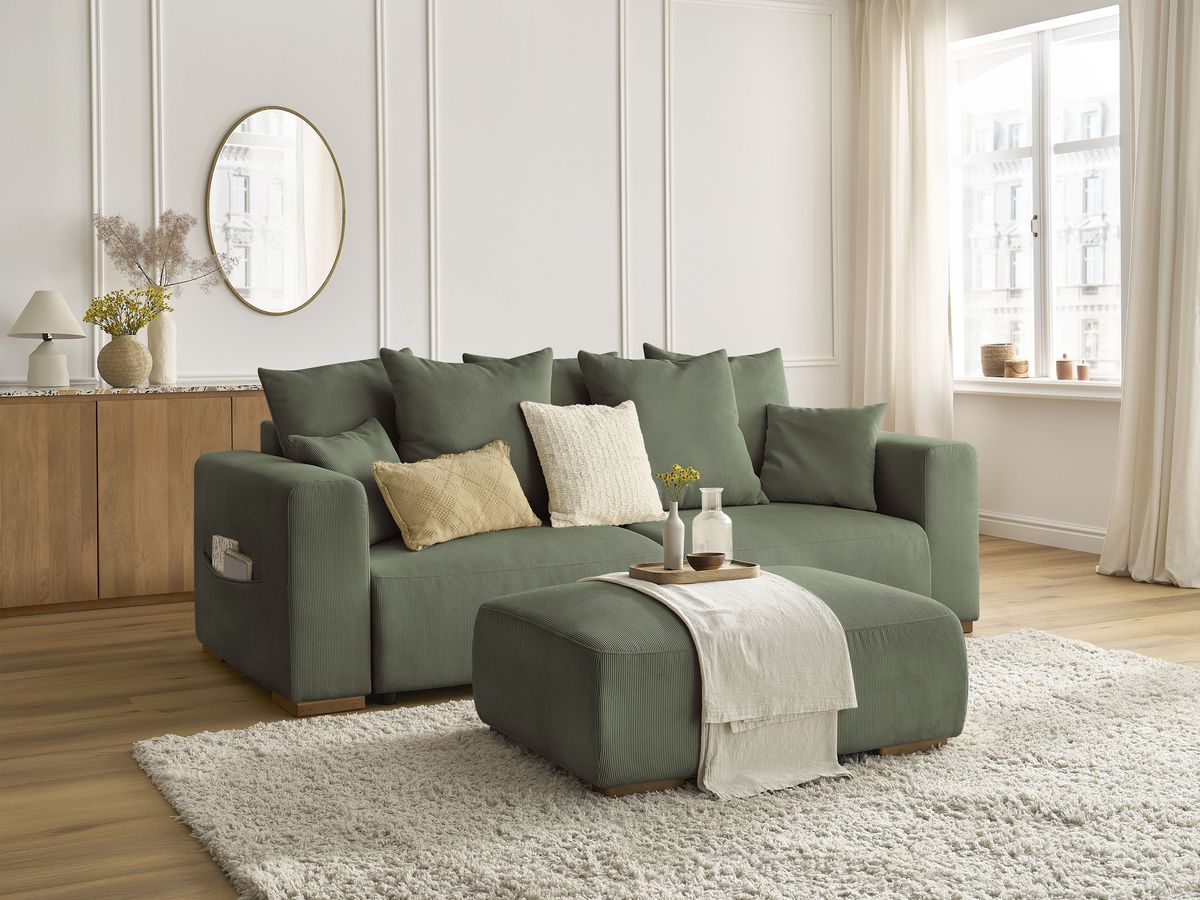 Bobochic Sidonie Schlafsofa 4-Sitzer mit Bettkasten und Pouf Cordsamt Grün