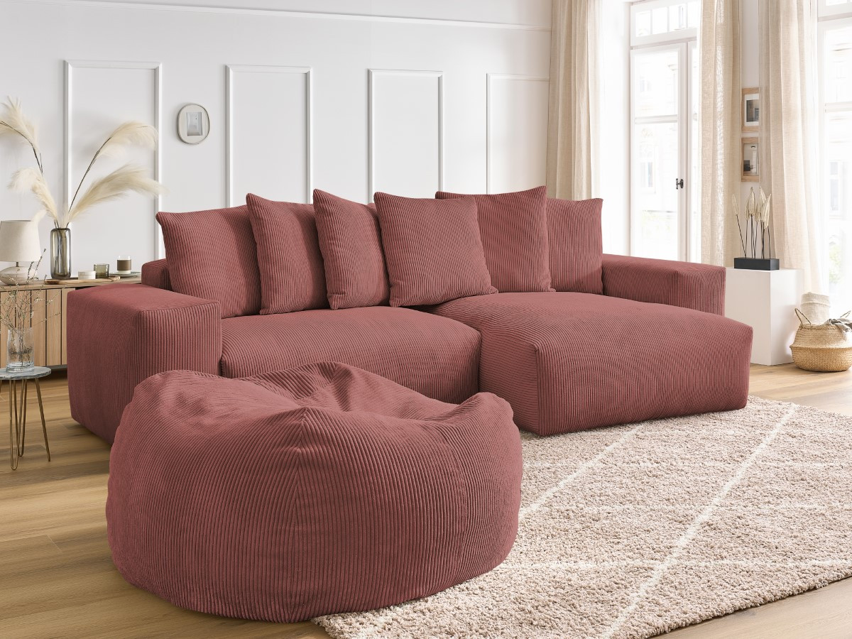 Bobochic Voltaire Ecksofa mit Pouf 310 × 174 cm Cordsamt Rosa