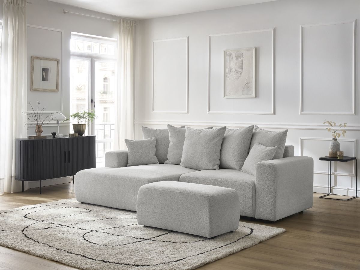 Bobochic Atilla Ecksofa mit Schlaffunktion und Bettkasten und Pouf Melange-Stoff Hellgrau Ecke links