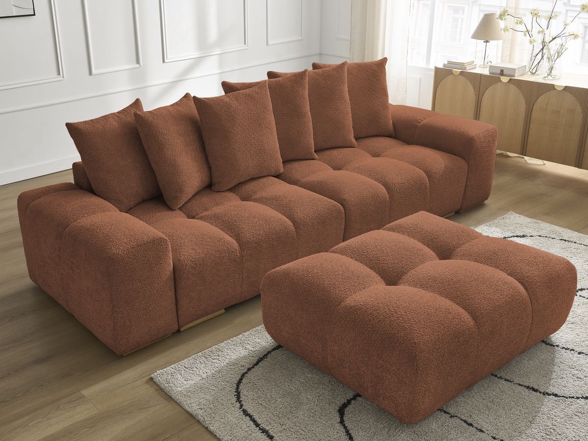 Bobochic Anakin Sofa 3-Sitzer mit Pouf, 6 Kissen Bouclé-Stoff Orange