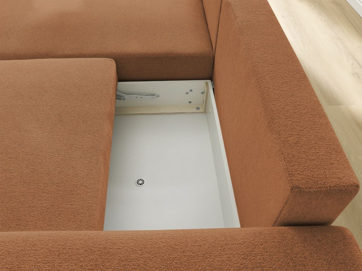 Bobochic Atilla Ecksofa mit Schlaffunktion und Bettkasten Melange-Stoff Orange Ecke links