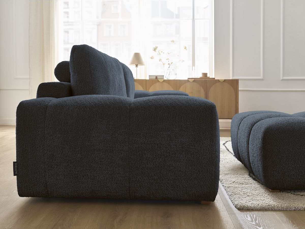 Bobochic Anakin Schlafsofa 3-Sitzer mit Bettkasten und Pouf, 2 Kissen Bouclé-Stoff Dunkelblau