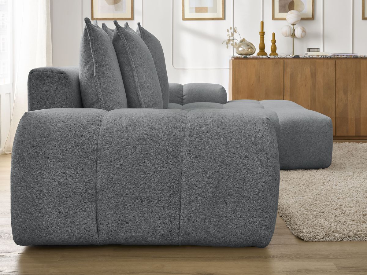 Bobochic Everest Ecksofa mit Schlaffunktion und Bettkasten 318 × 180 cm, 7 Kissen Melange-Stoff Dunkelgrau Ecke rechts
