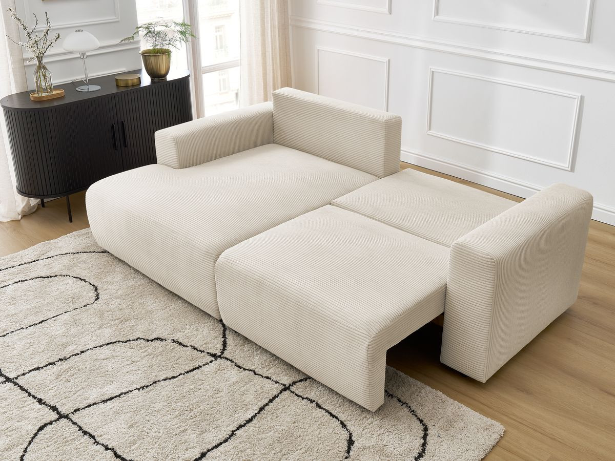Bobochic Atilla Ecksofa mit Schlaffunktion und Bettkasten Cordsamt Beige Ecke links
