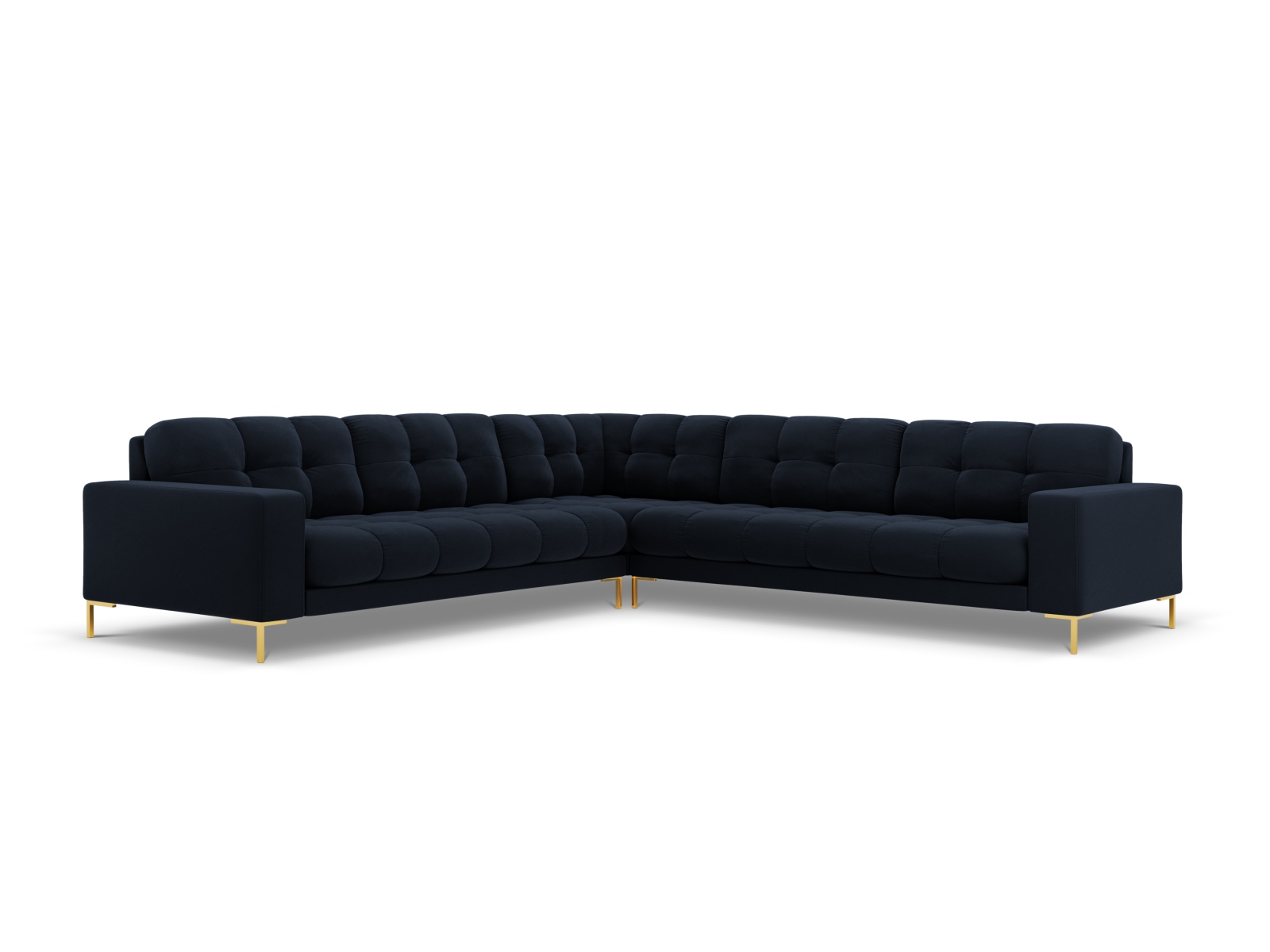Cosmopolitan Design Symmetrisches Ecksofa Bali 6-Sitzer Samt Bluvel Dunkelblau Beine Gold