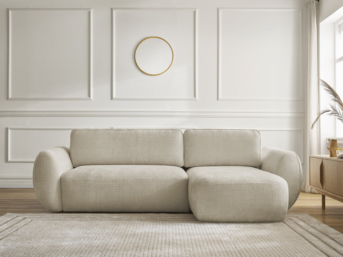 Bobochic Denise Ecksofa mit Schlaffunktion und Bettkasten 258 × 160 cm Strukturstoff Beige Ecke rechts