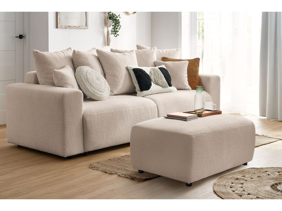 Bobochic Envy Schlafsofa 3-Sitzer mit Bettkasten und rechteckigem Pouf Bouclé-Stoff Beige