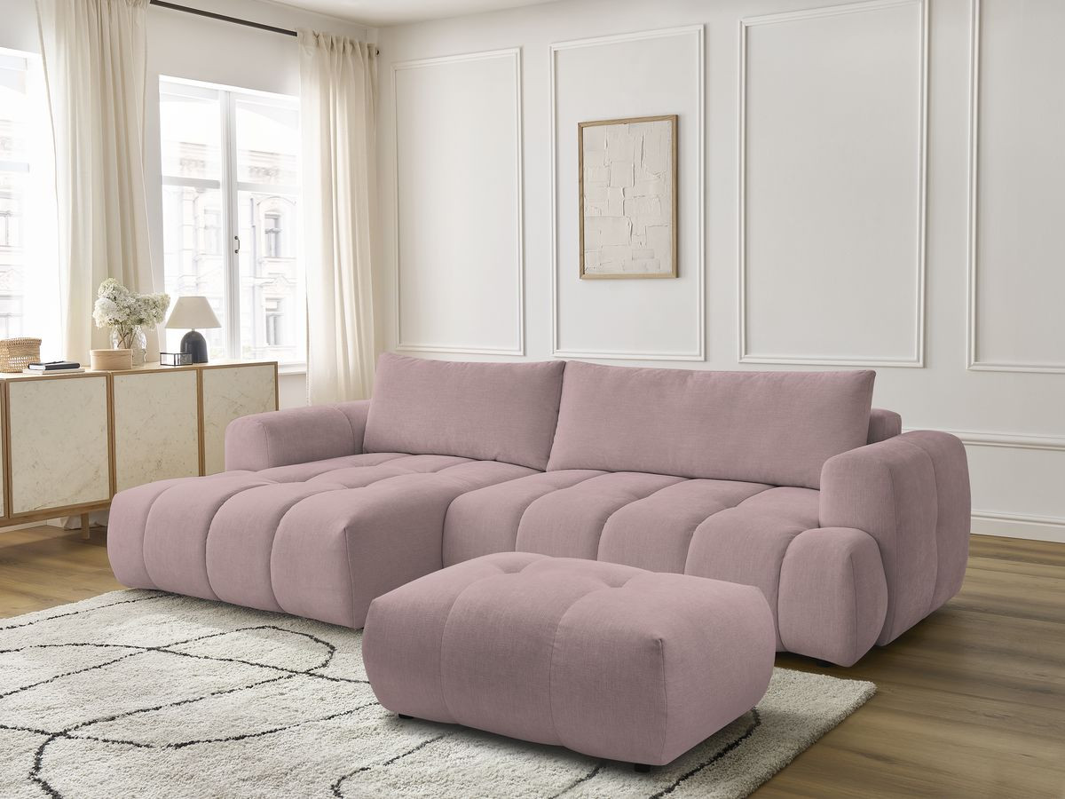 Bobochic Fuji Ecksofa mit Schlaffunktion und Bettkasten und Pouf 292 × 160 cm Stoff Rosa Ecke links