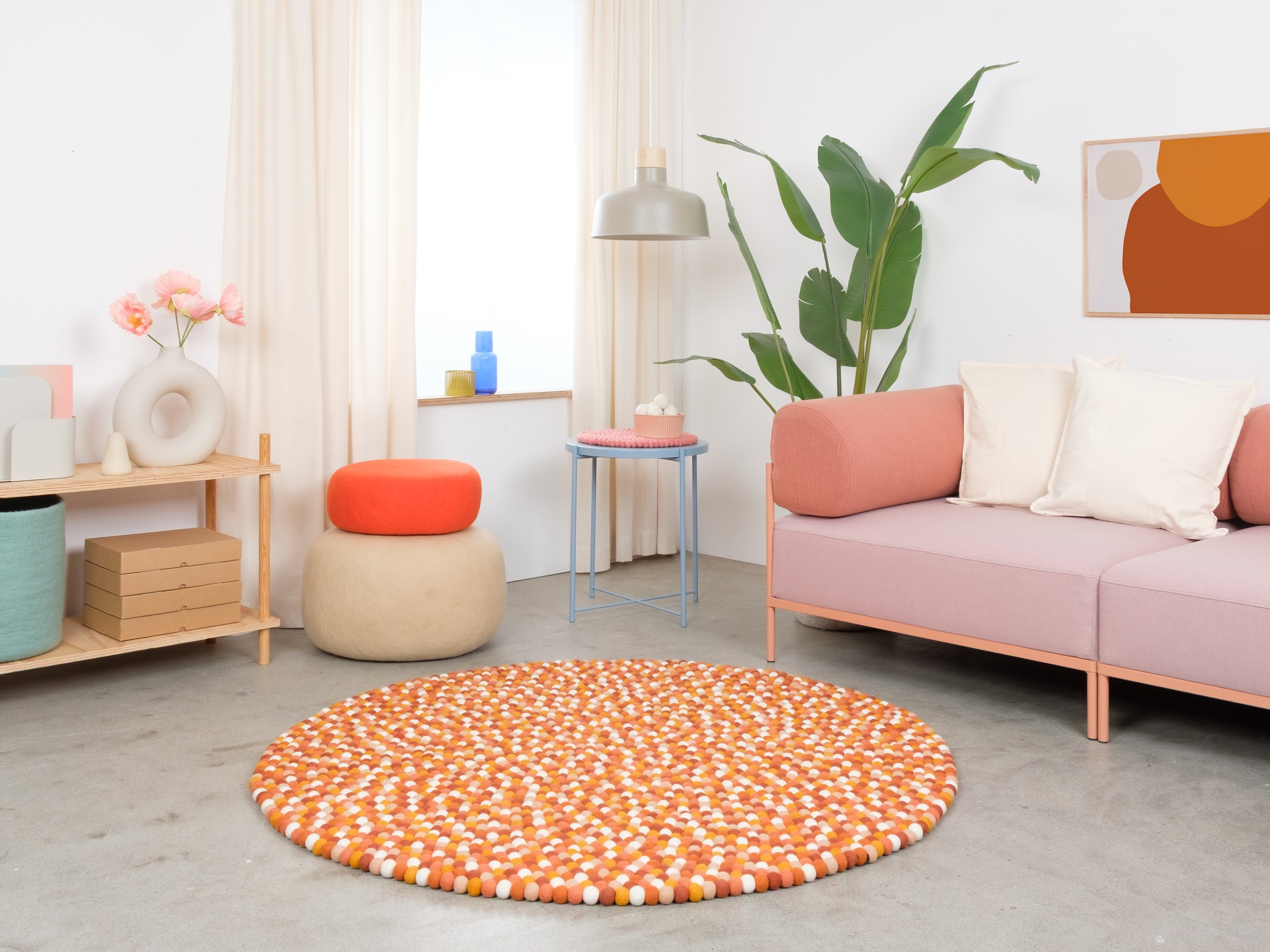 myfelt Juna Filzkugelteppich Rot-Orange-Weiß rund Ø 50 cm