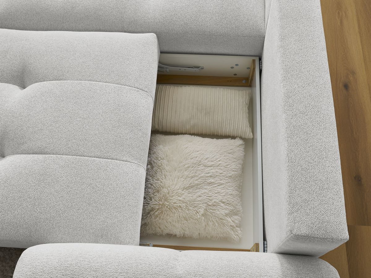 Bobochic Roxelane Ecksofa mit Schlaffunktion und Bettkasten und Pouf 258 × 150 cm Melange-Stoff Hellgrau Ecke links