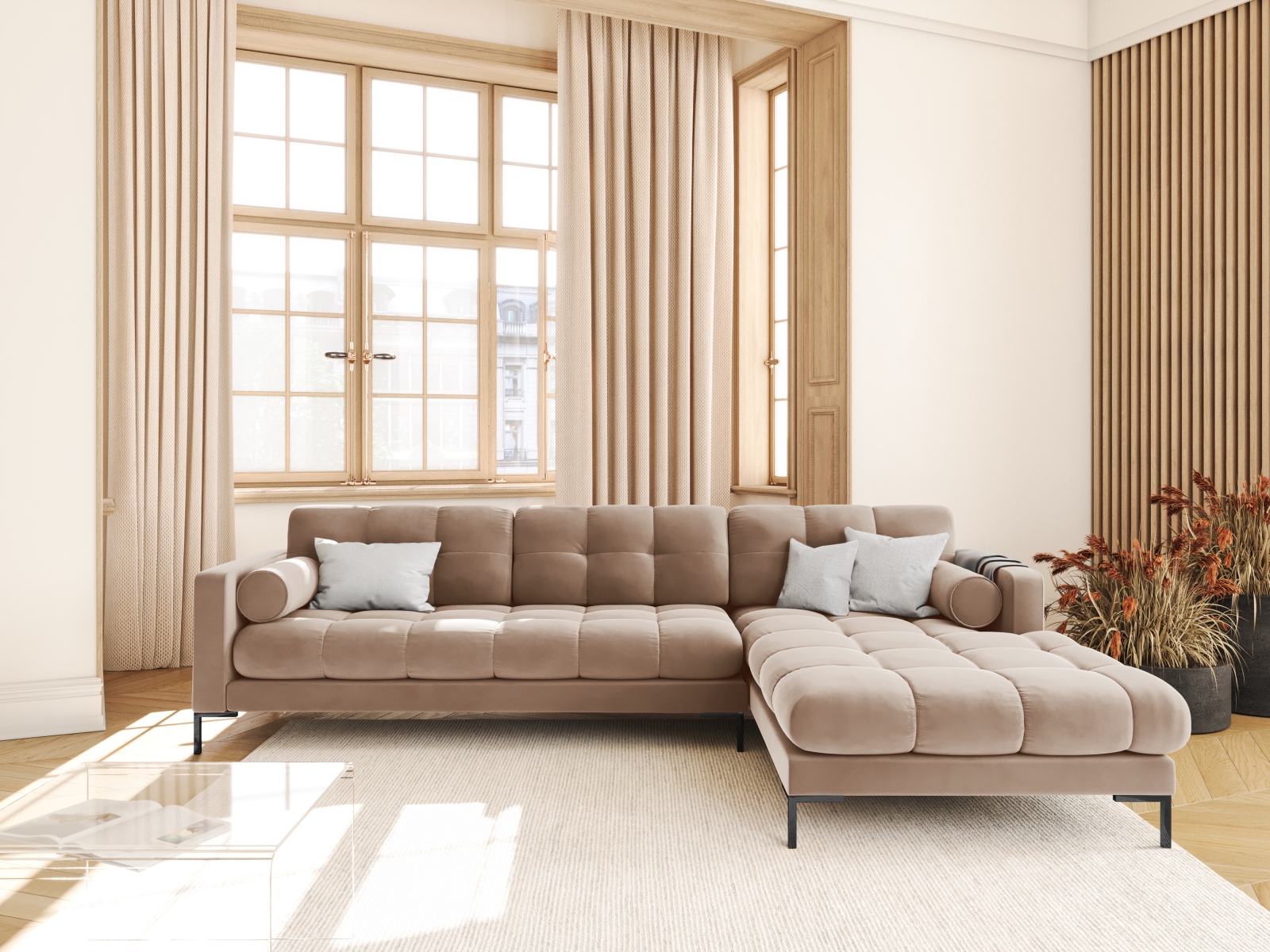 Cosmopolitan Design Ecksofa Bali 5-Sitzer Samt Bluvel Beige Rechts Beine Schwarzes Metall