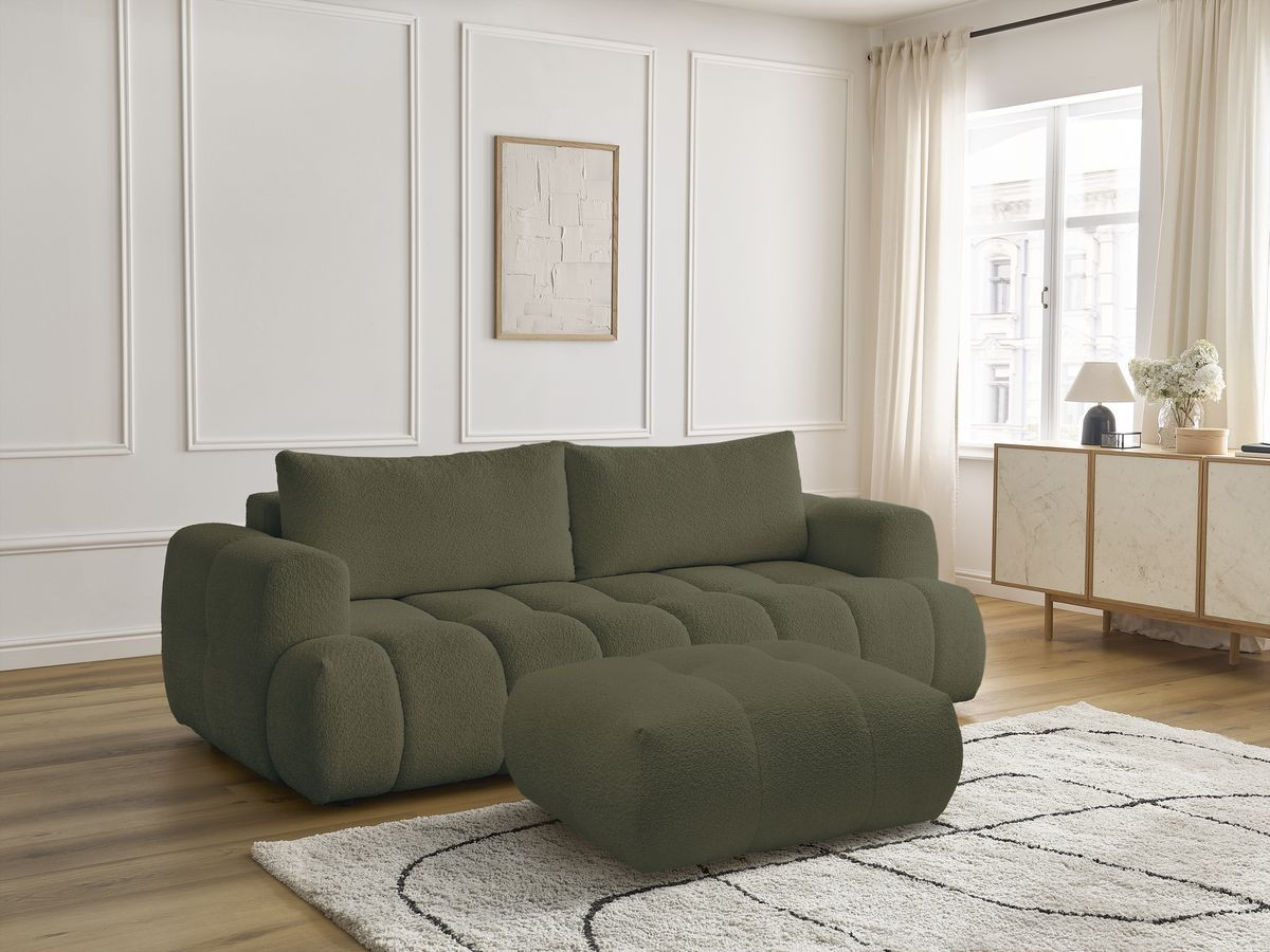 Bobochic Fuji Schlafsofa 3-Sitzer mit Bettkasten und Pouf Bouclé-Stoff Grün