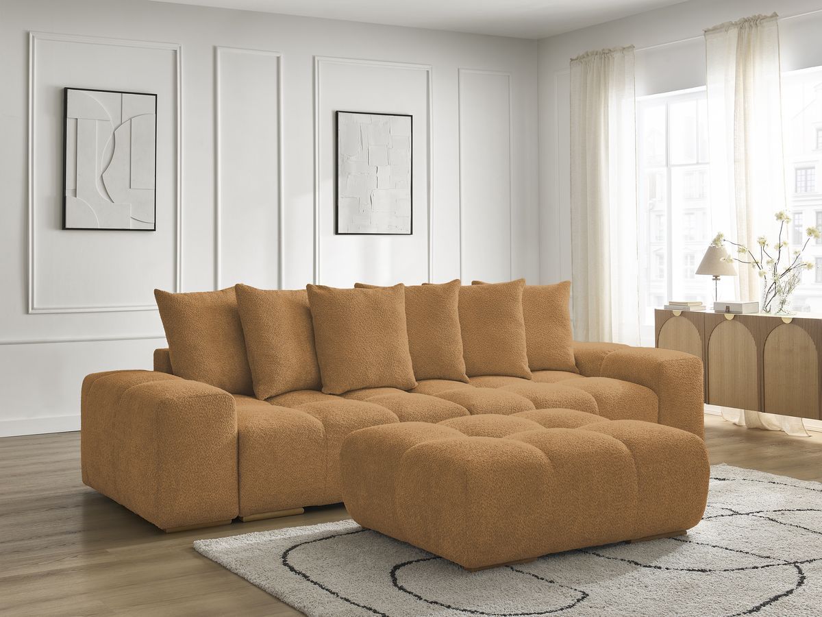 Bobochic Anakin Schlafsofa 3-Sitzer mit Bettkasten und Pouf, 6 Kissen Bouclé-Stoff Gelb
