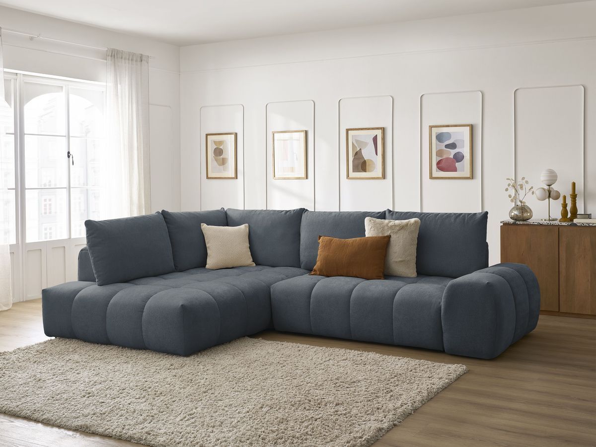 Bobochic Everest Ecksofa mit Schlaffunktion und Bettkasten 320 × 212 cm, 5 Kissen Strukturstoff Dunkelblau Ecke links
