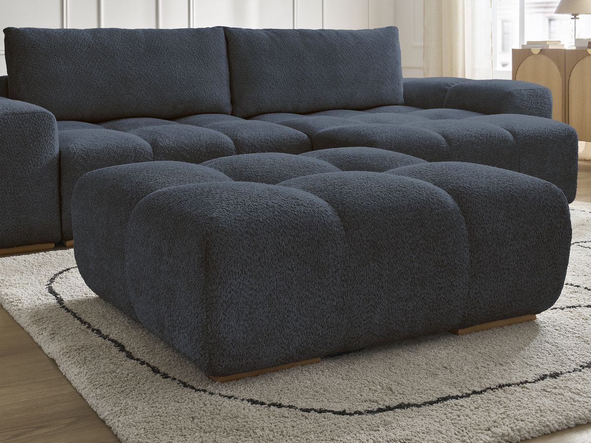 Bobochic Anakin Ecksofa mit Pouf, 2 Kissen Bouclé-Stoff Dunkelblau