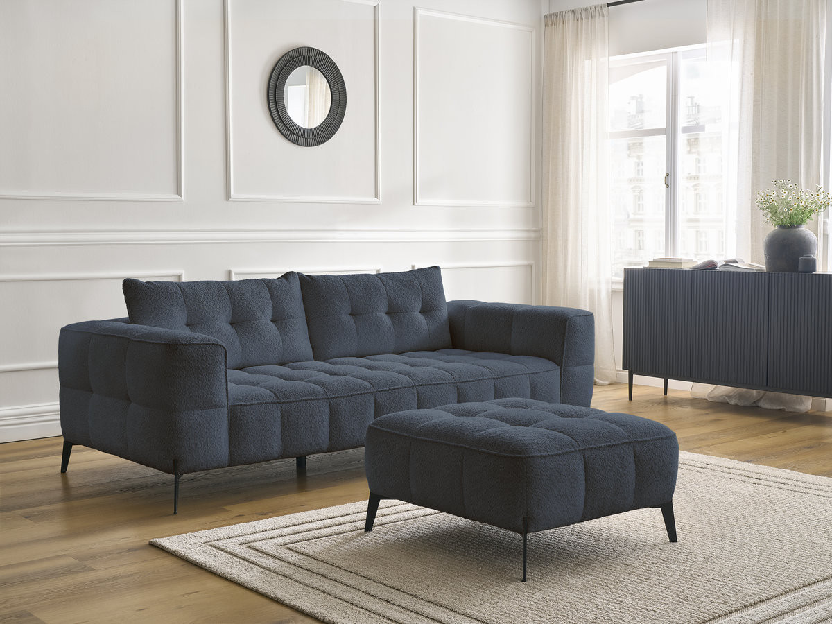 Bobochic Anis Sofa 3-Sitzer mit Pouf Bouclé-Stoff Dunkelblau