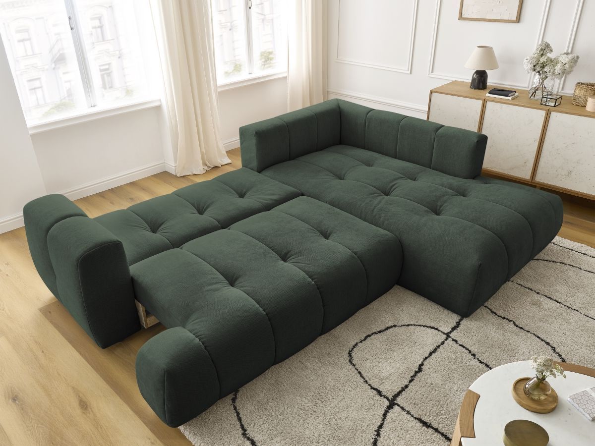 Bobochic Fuji Ecksofa mit Schlaffunktion und Bettkasten 282 × 204 cm Stoff Grün Ecke rechts