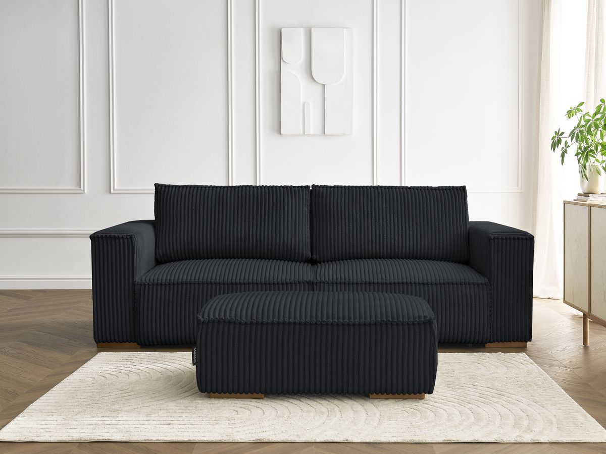 Bobochic Chelsea Schlafsofa 4-Sitzer mit Bettkasten und Pouf Breitcord weich Schwarz