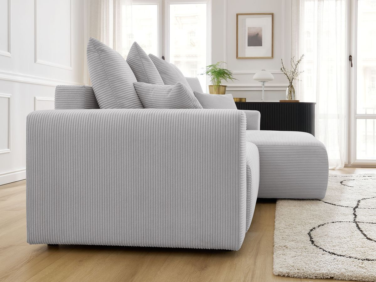 Bobochic Atilla Ecksofa mit Schlaffunktion und Bettkasten Cordsamt Hellgrau Ecke rechts